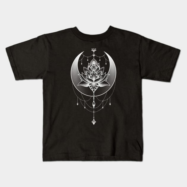 Celestial Crescent Moon and Lotus Flower Design Kids T-Shirt by Helena Morpho 